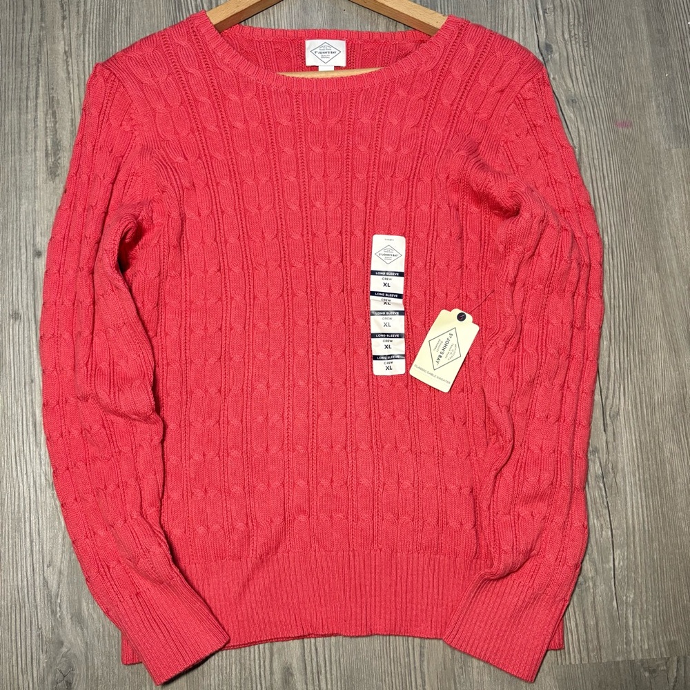 St John’s Bay Cable Knit Sweater Crew Neck Red Chrysanthemum Size XL NEW